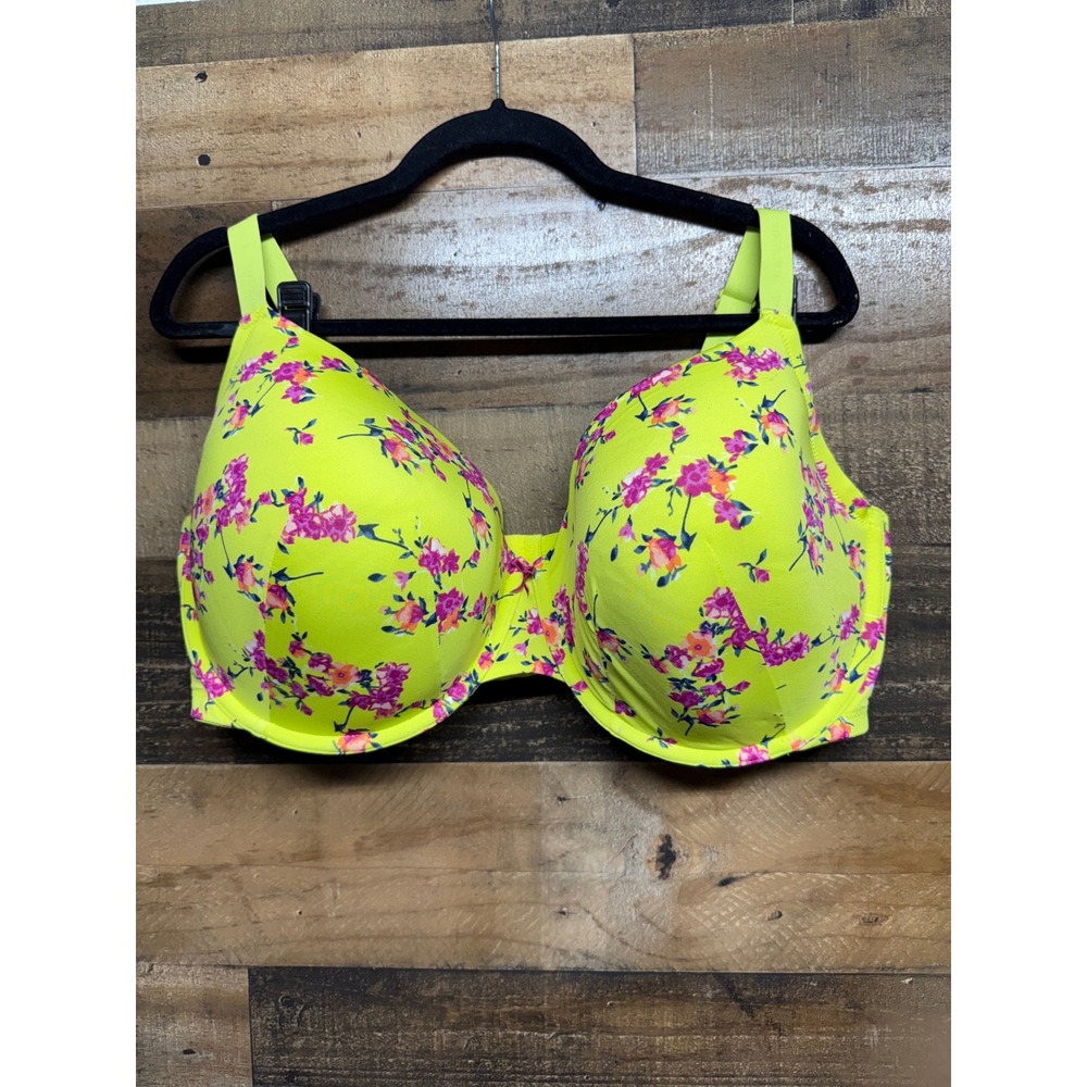 Cacique Neon Yellow Floral Lightly Lined T-Shirt Bra 44G Pink Purple Print